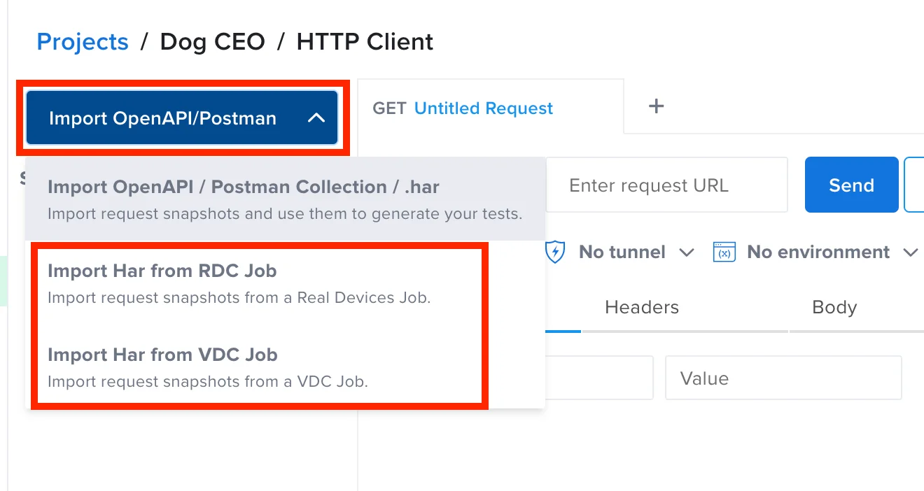 Navigating to the HAR import modal