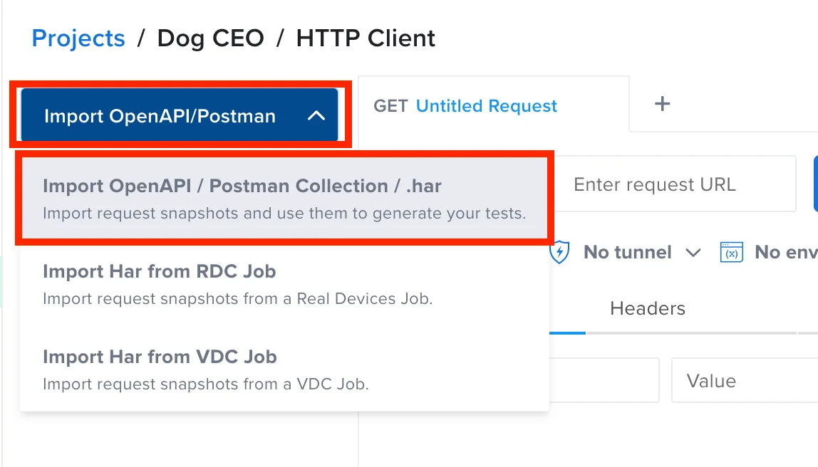 Navigating to the HAR import modal