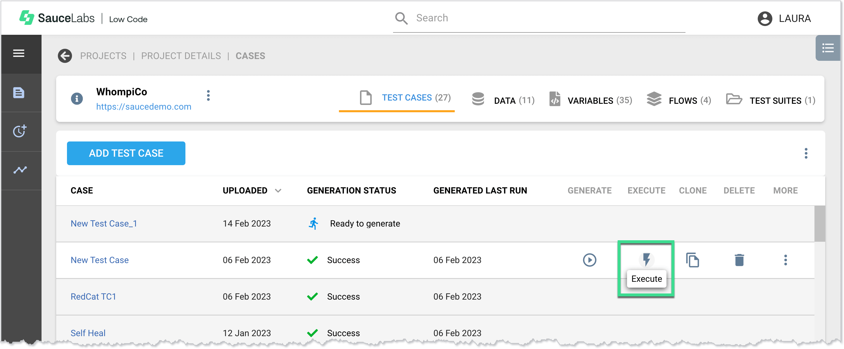 Navigating to the test execution window