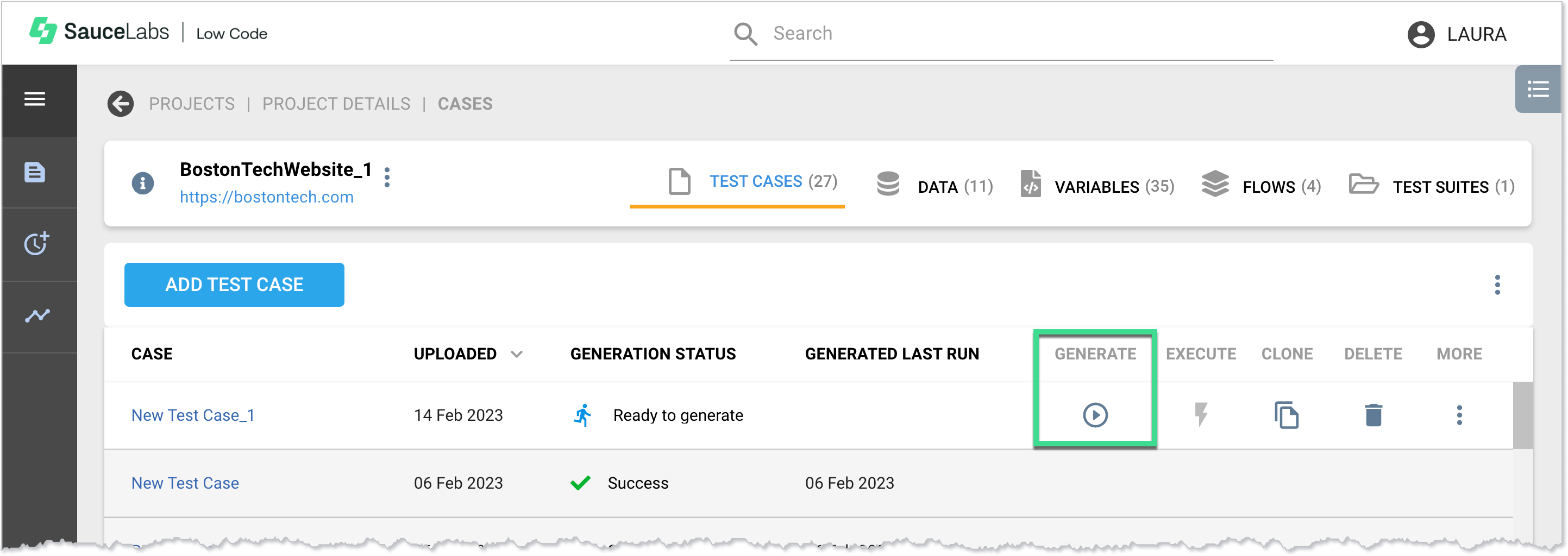 Navigating to the test generation window