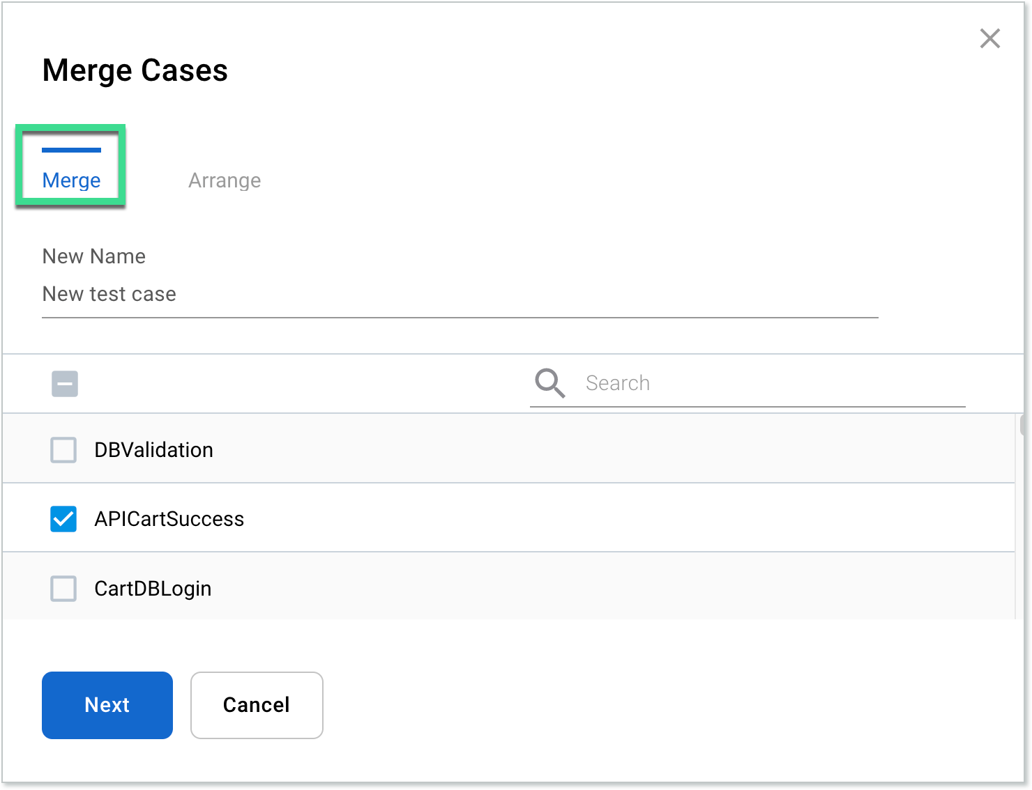 Merge Cases window - Merge tab