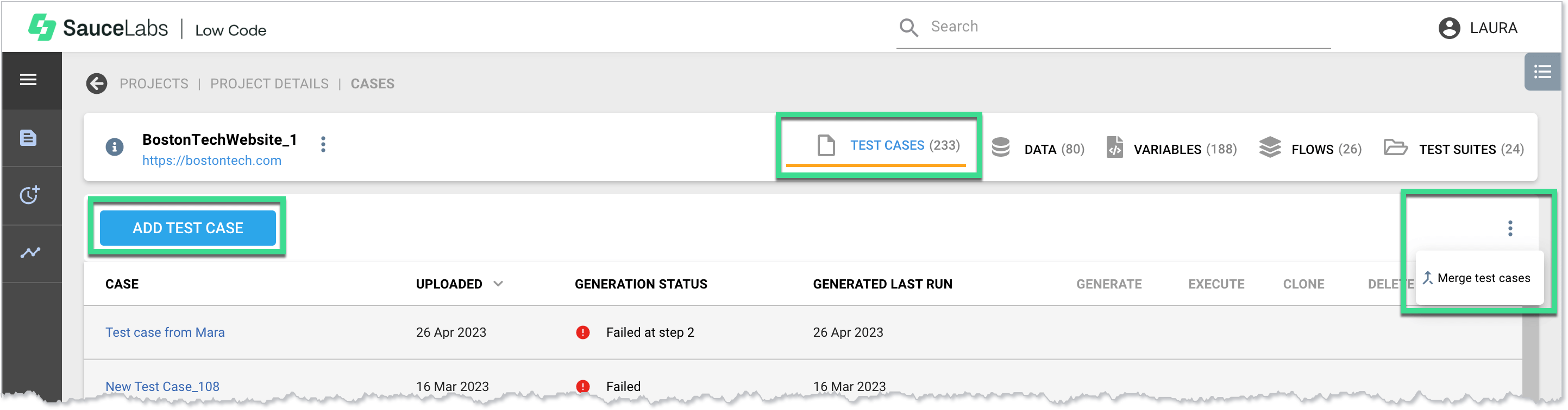 Merging test cases - ADD TEST CASE button