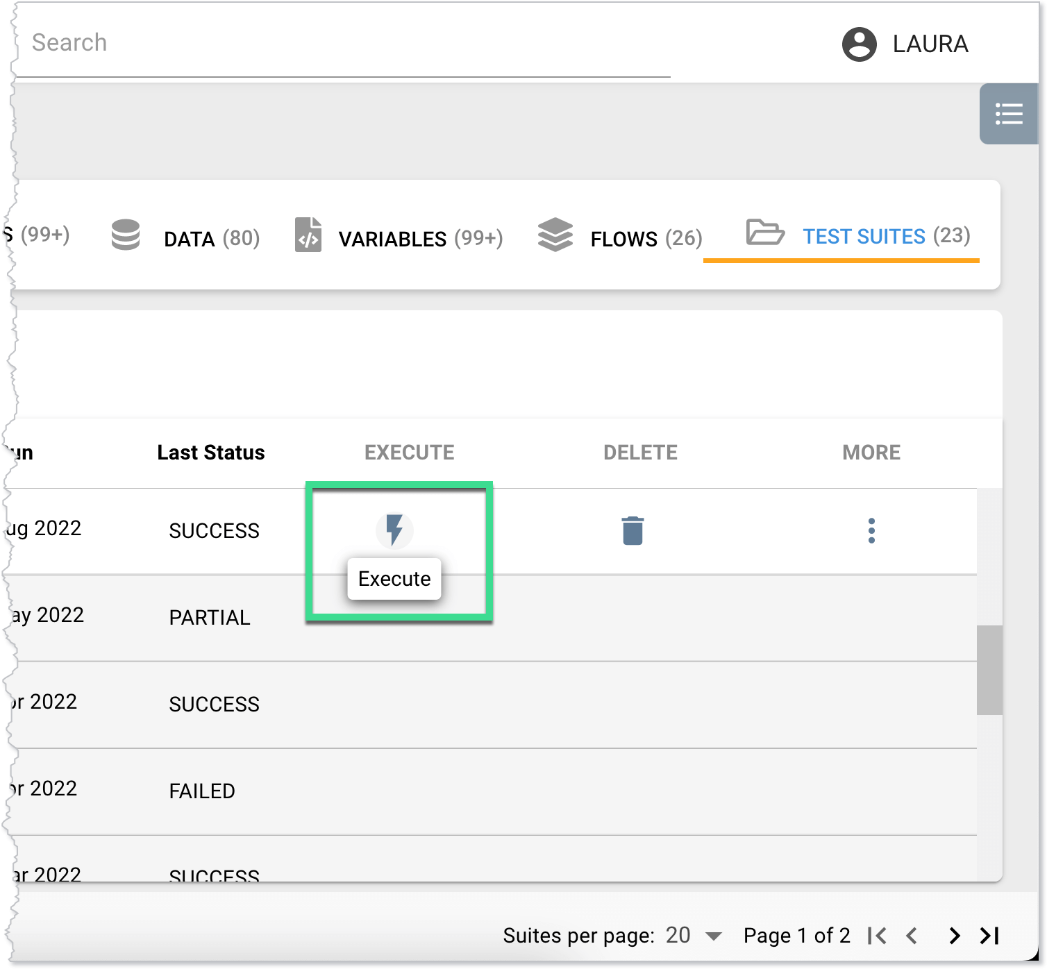 Navigating to the test suite execution window