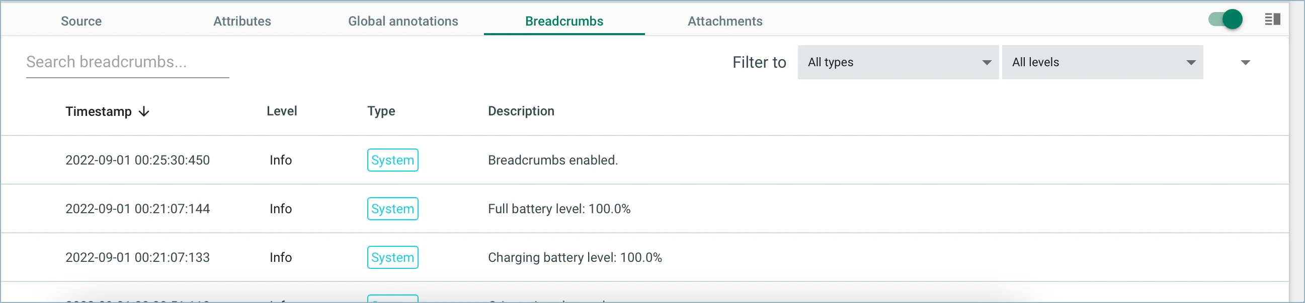 Shows the Breadcrumbs pane in the Debug view.