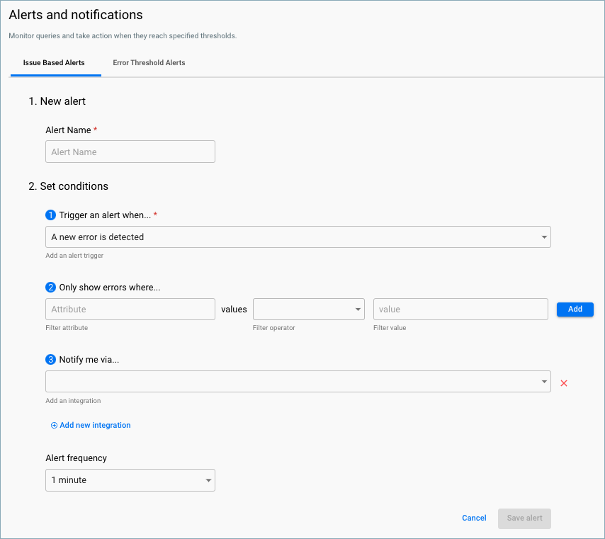 Shows how to create an issue based alert for a workflow integration.