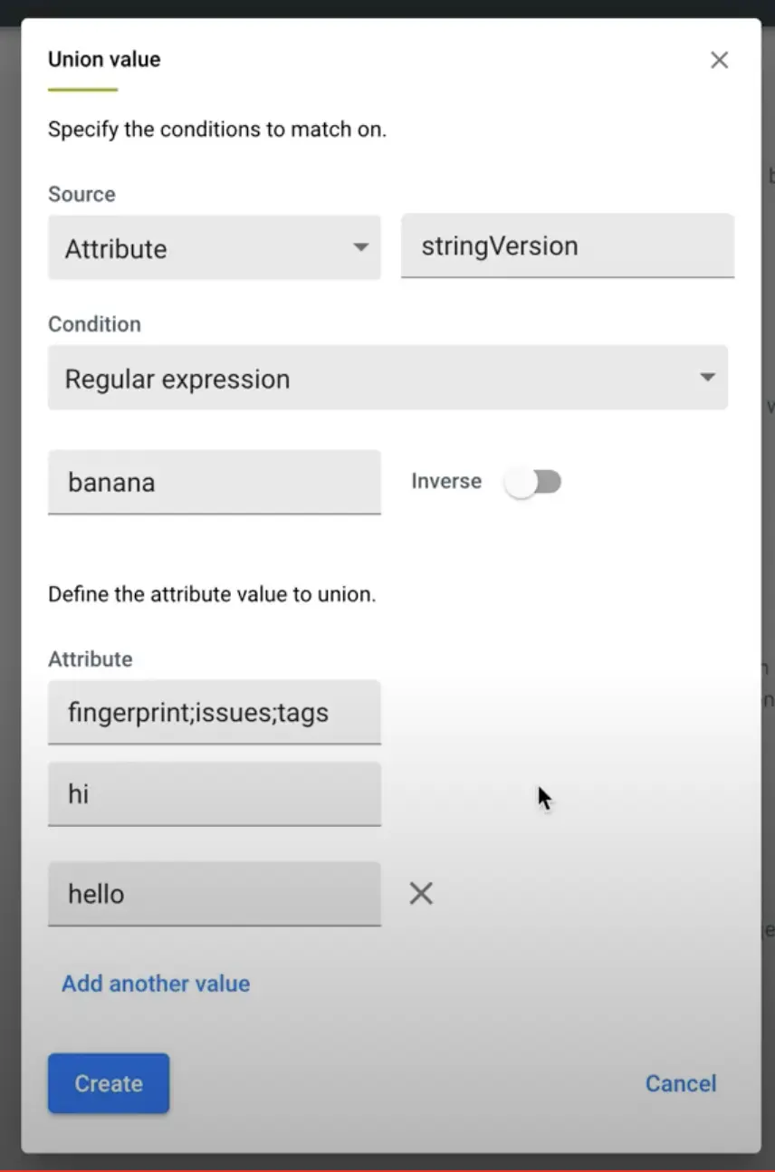 Shows an example configuration for the Union values submission action.