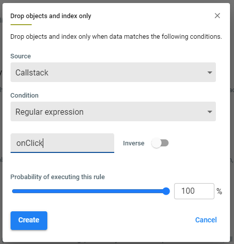 Shows an example configuration for the Drop objects and index only submission action.