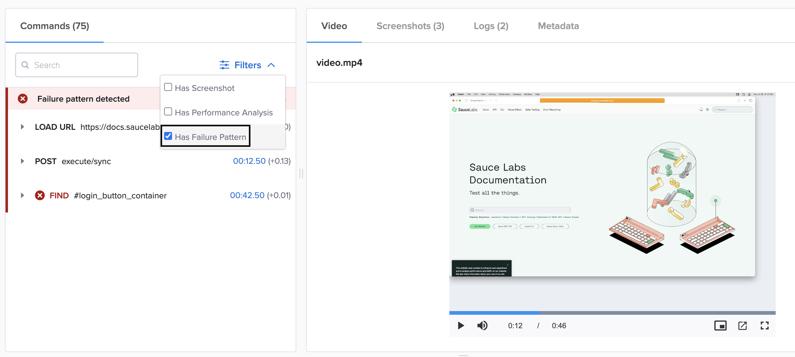 filter for failure patterns in test details