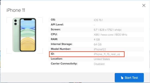 Sauce Labs Device details screen, highlighting the device ID