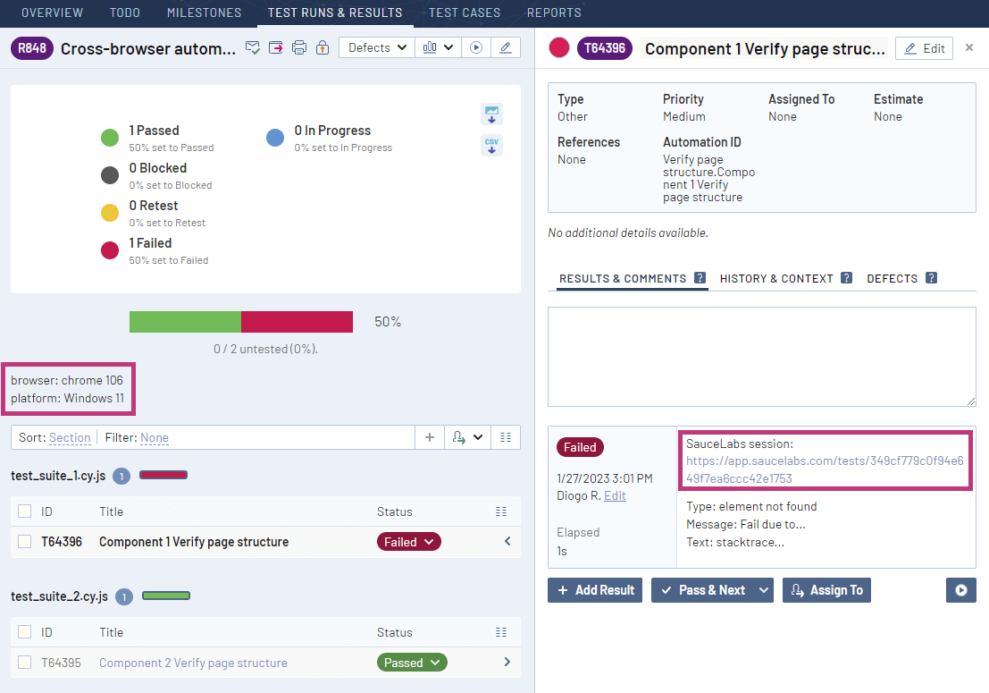 Shows test run details in TestRail.