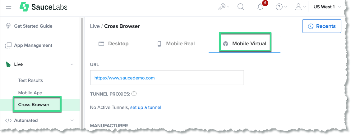 Live mobile virtual device test navigation