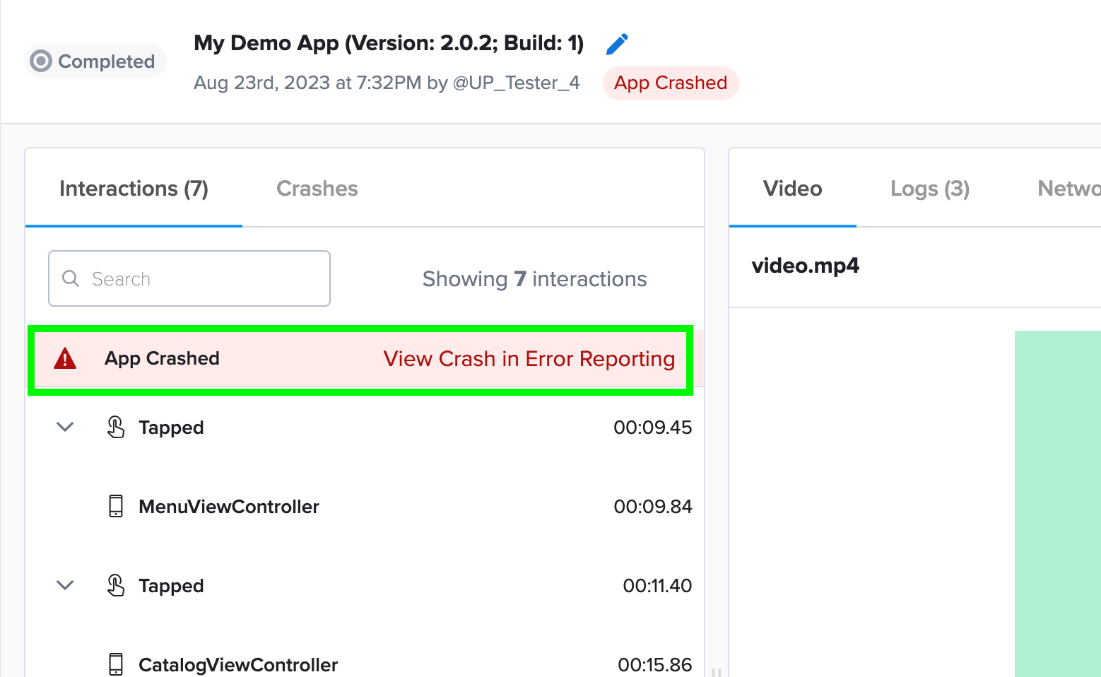 view crash in error reporting link in Interactions tab