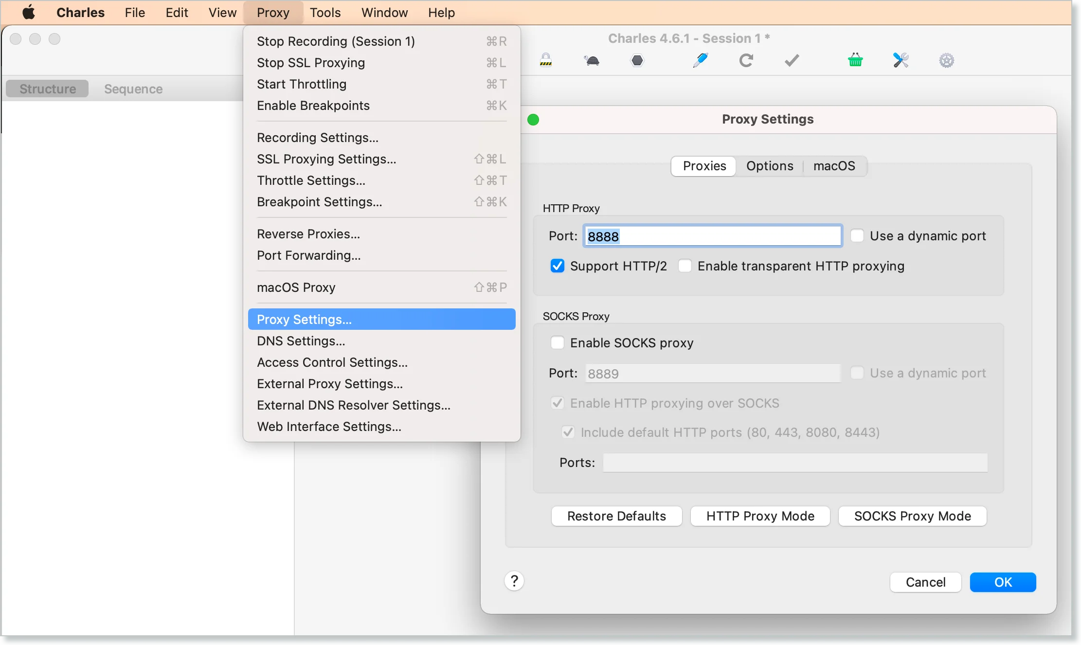 Charles Proxy settings navigation