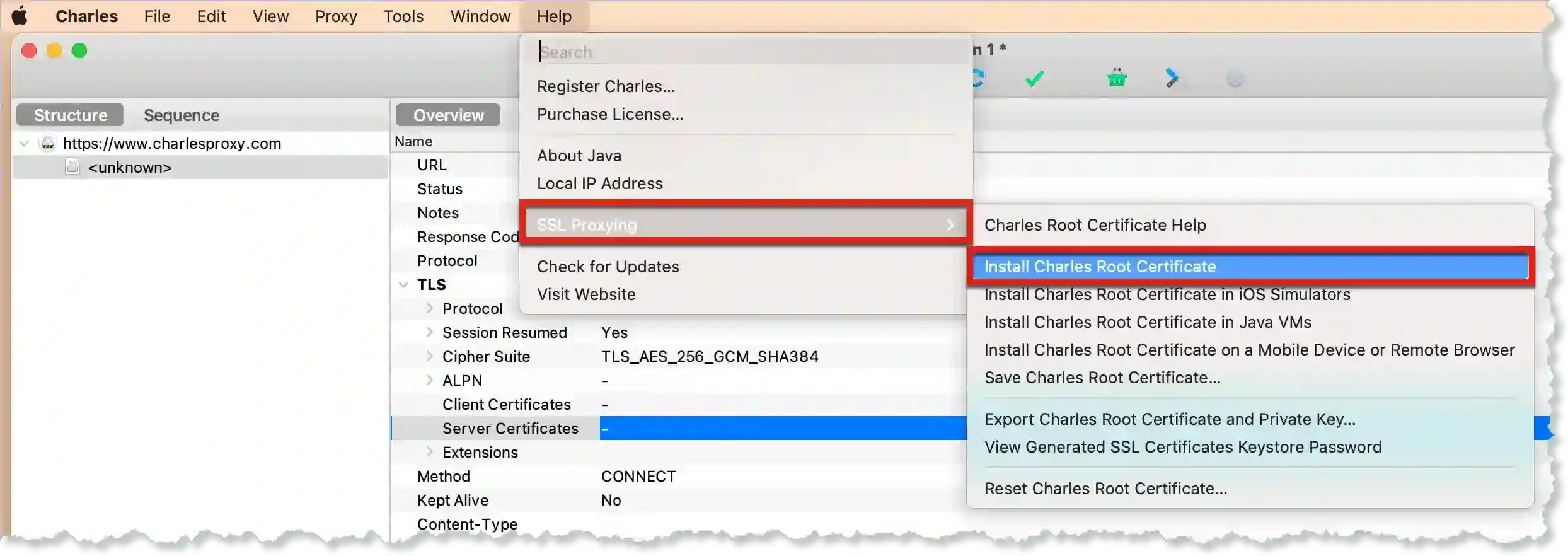 Charles SSL certificates navigation