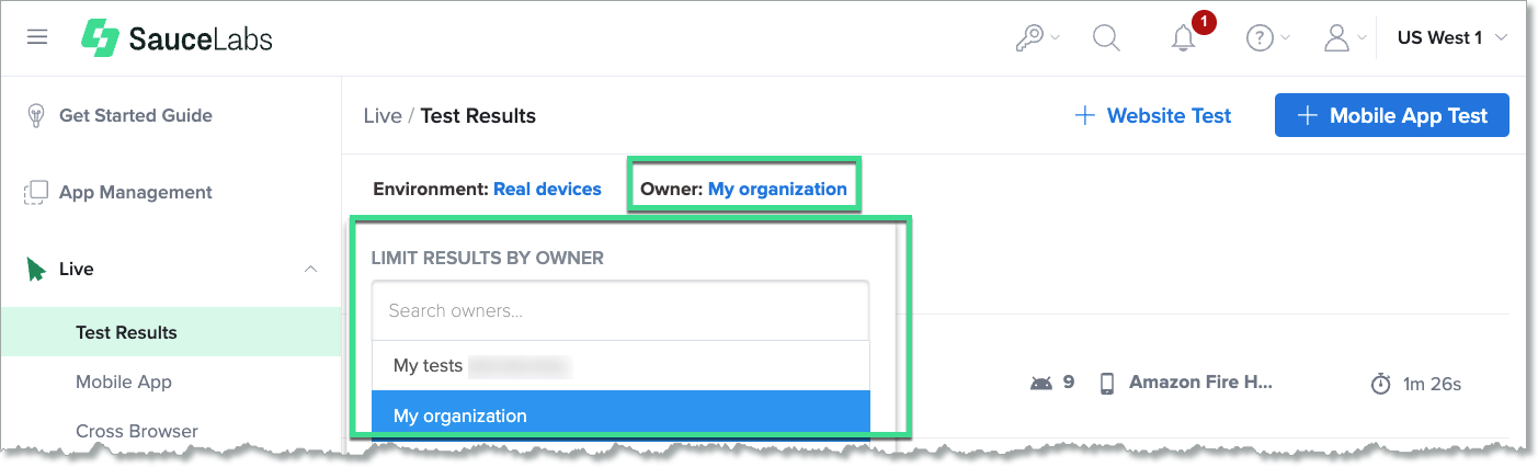 Filtering live test results