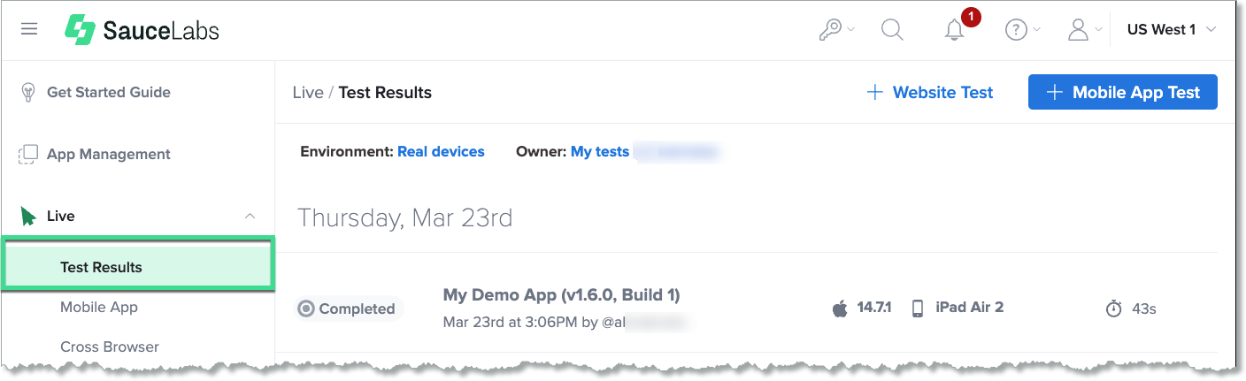 Live test results navigation