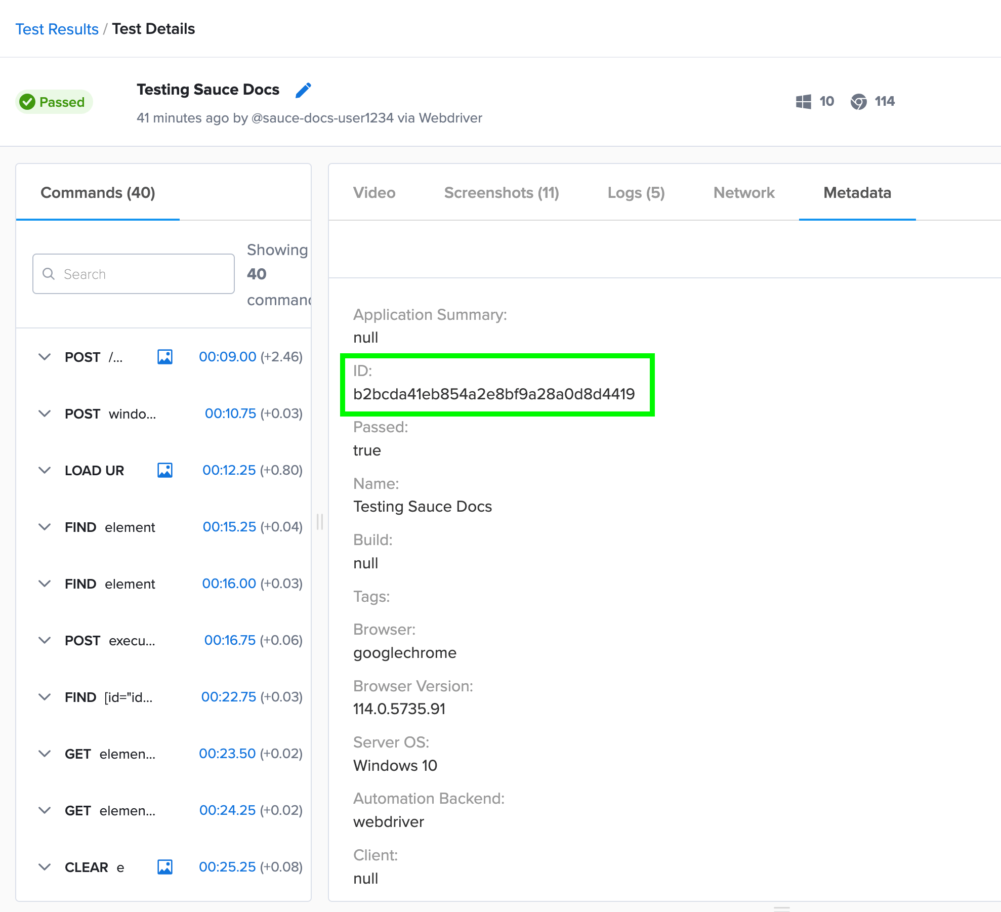 Test results metadata - JOB_ID