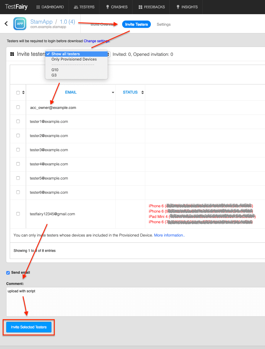 inviting testers to a build