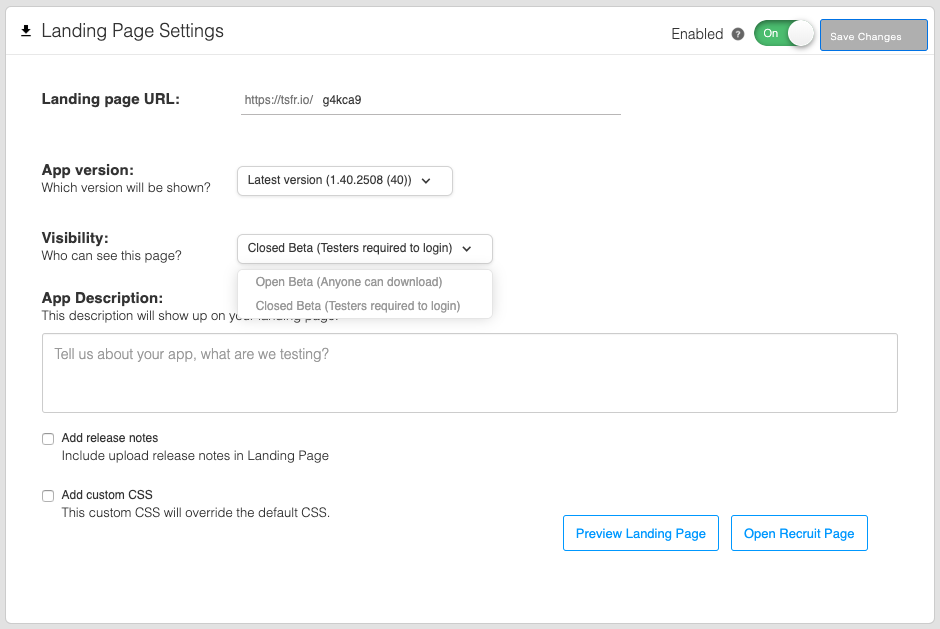 Landing page settings