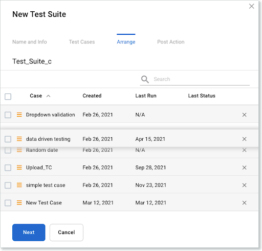 New Test Suite window - Arrange tab