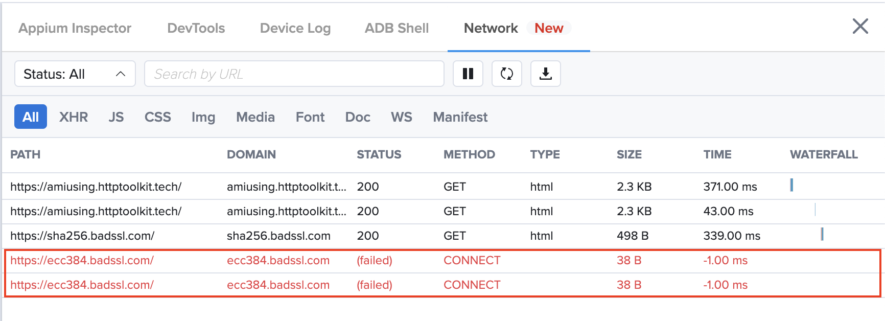 Network capture failed requests