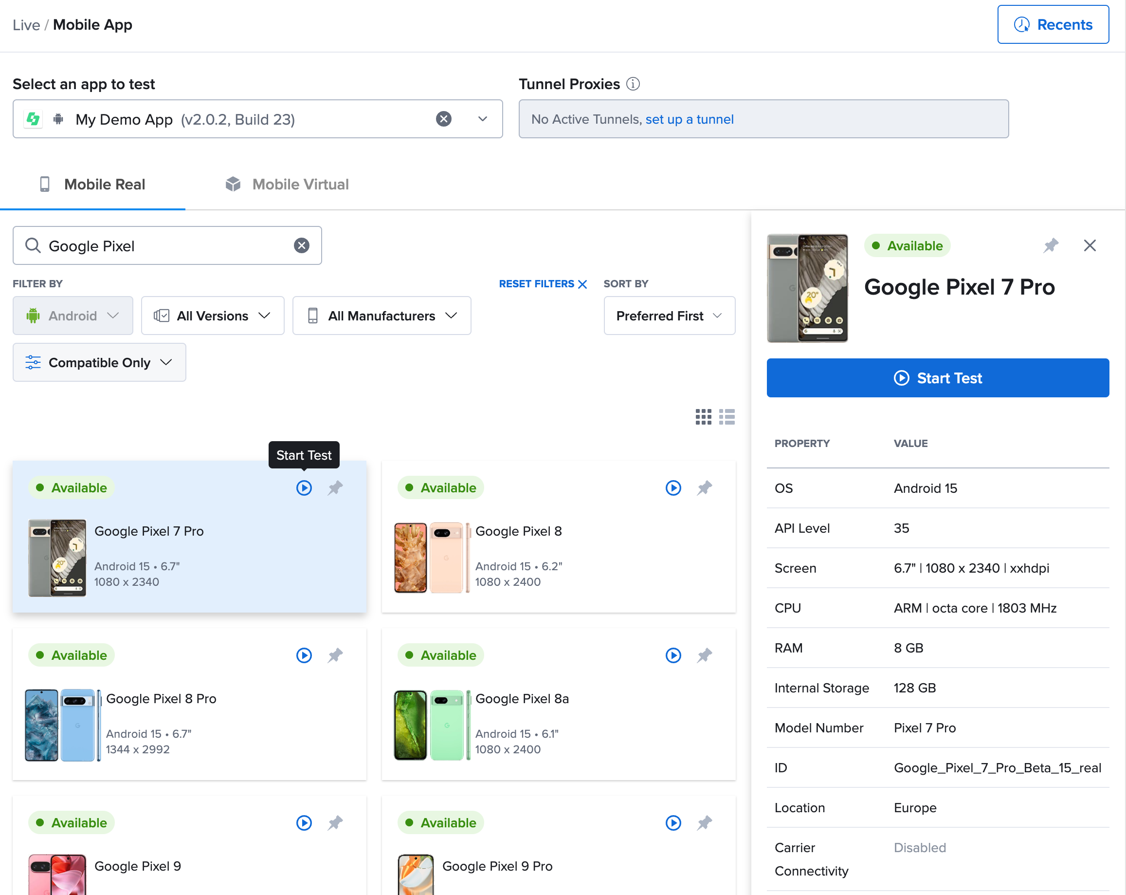 Launch a test from the Details screen