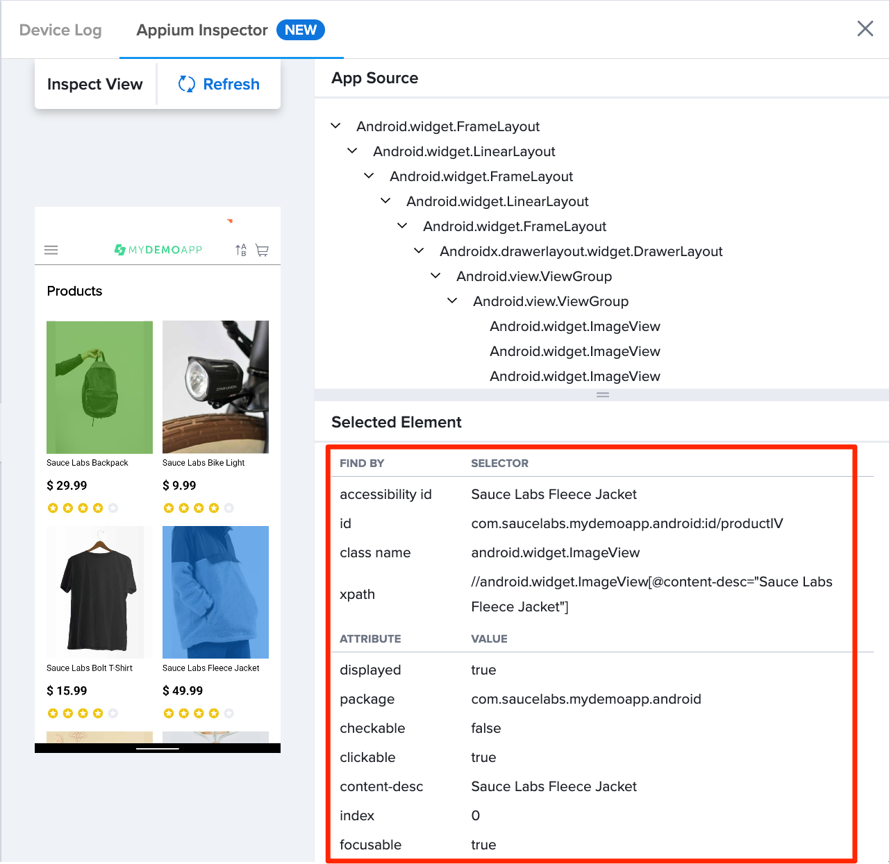 Appium Inspector Selected Attributes Views