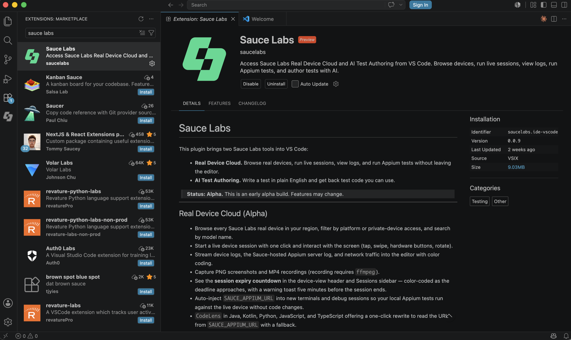 The Sauce Labs extension listing in the VS Code Extensions view, showing the Real Device Cloud and AI Test Authoring feature descriptions