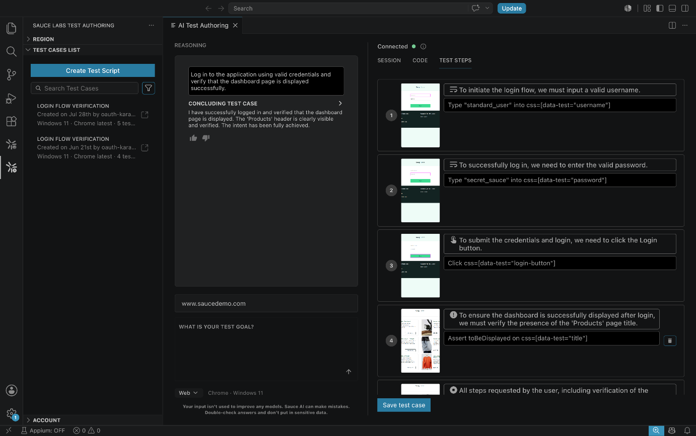 The AI Test Authoring editor generating a test from a plain-English prompt, with reasoning on the left and executed test steps with screenshots on the right