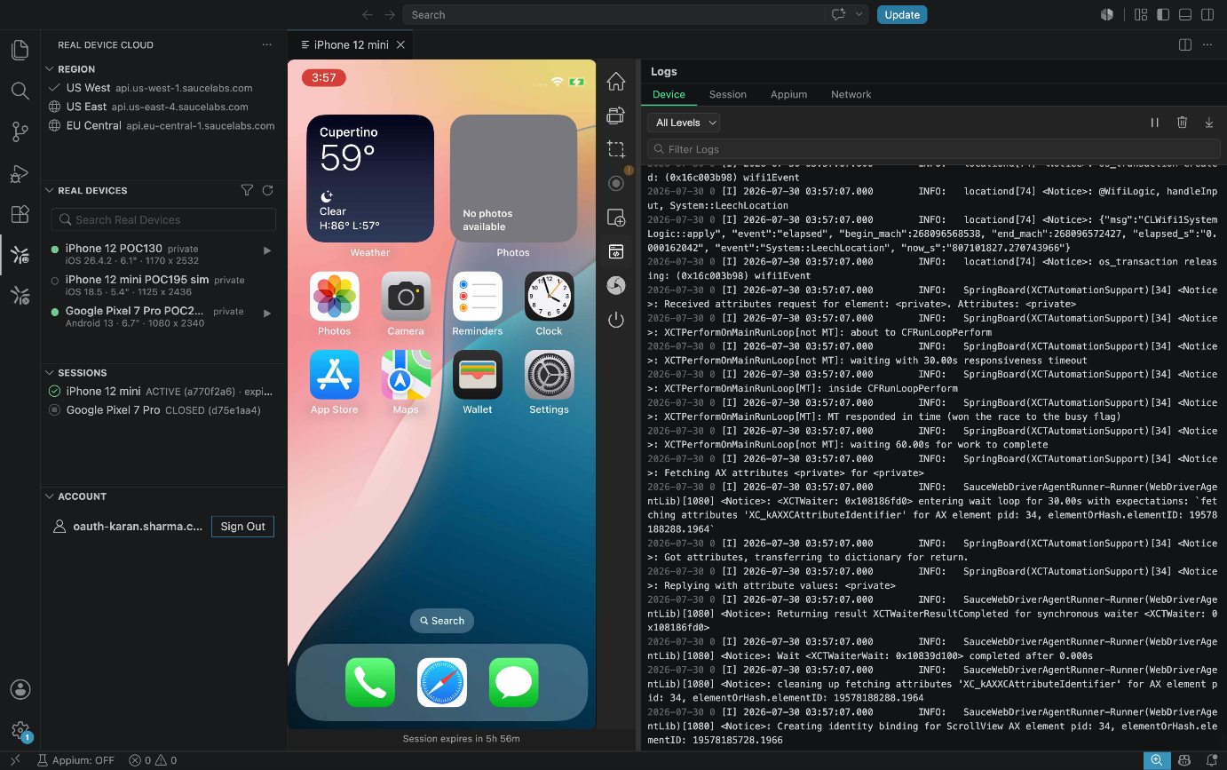 A live Sauce Labs real device session running inside the IDE, with the device list, the live device screen, and real-time logs side by side