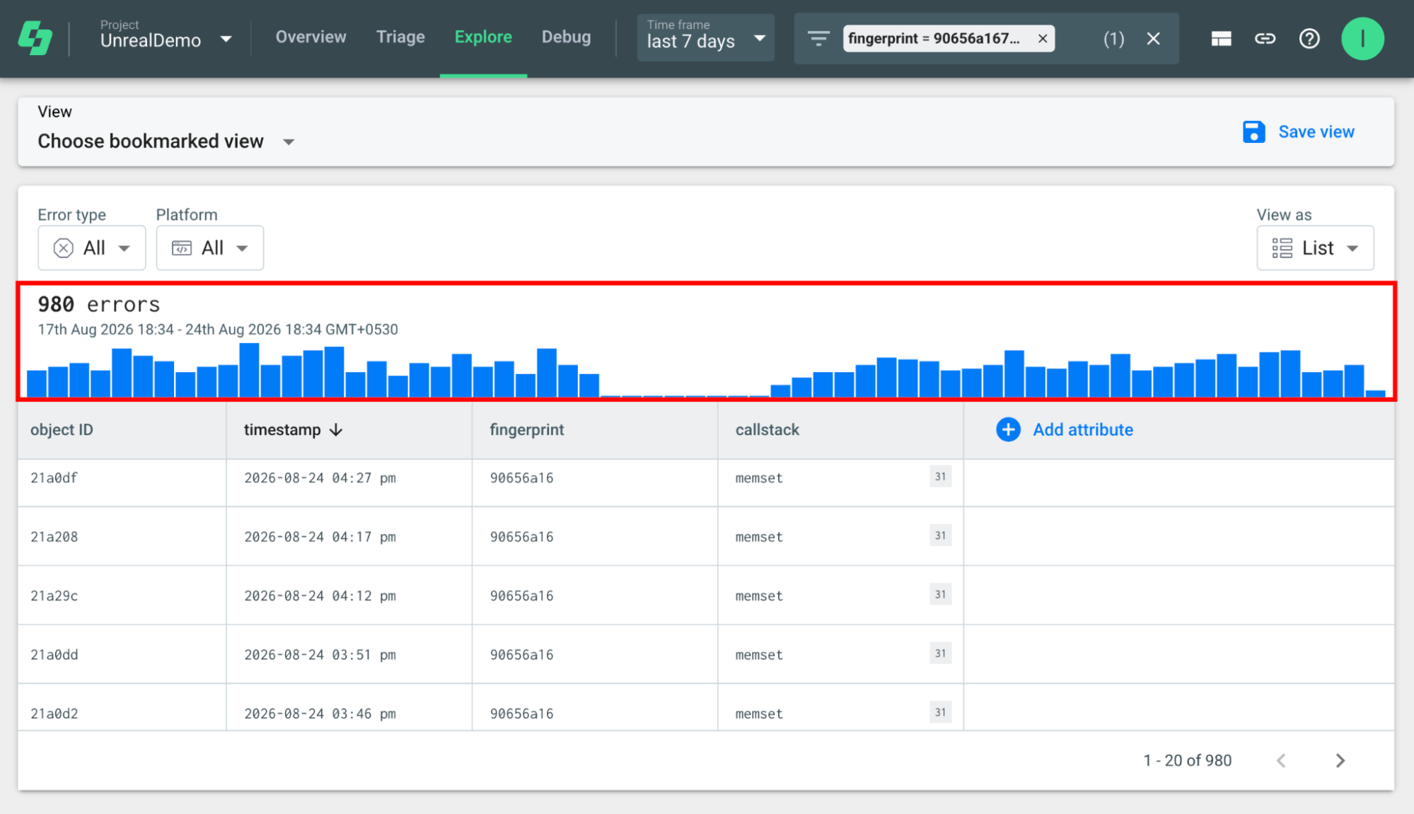 Shows the Explore view used to query your crash and error data.