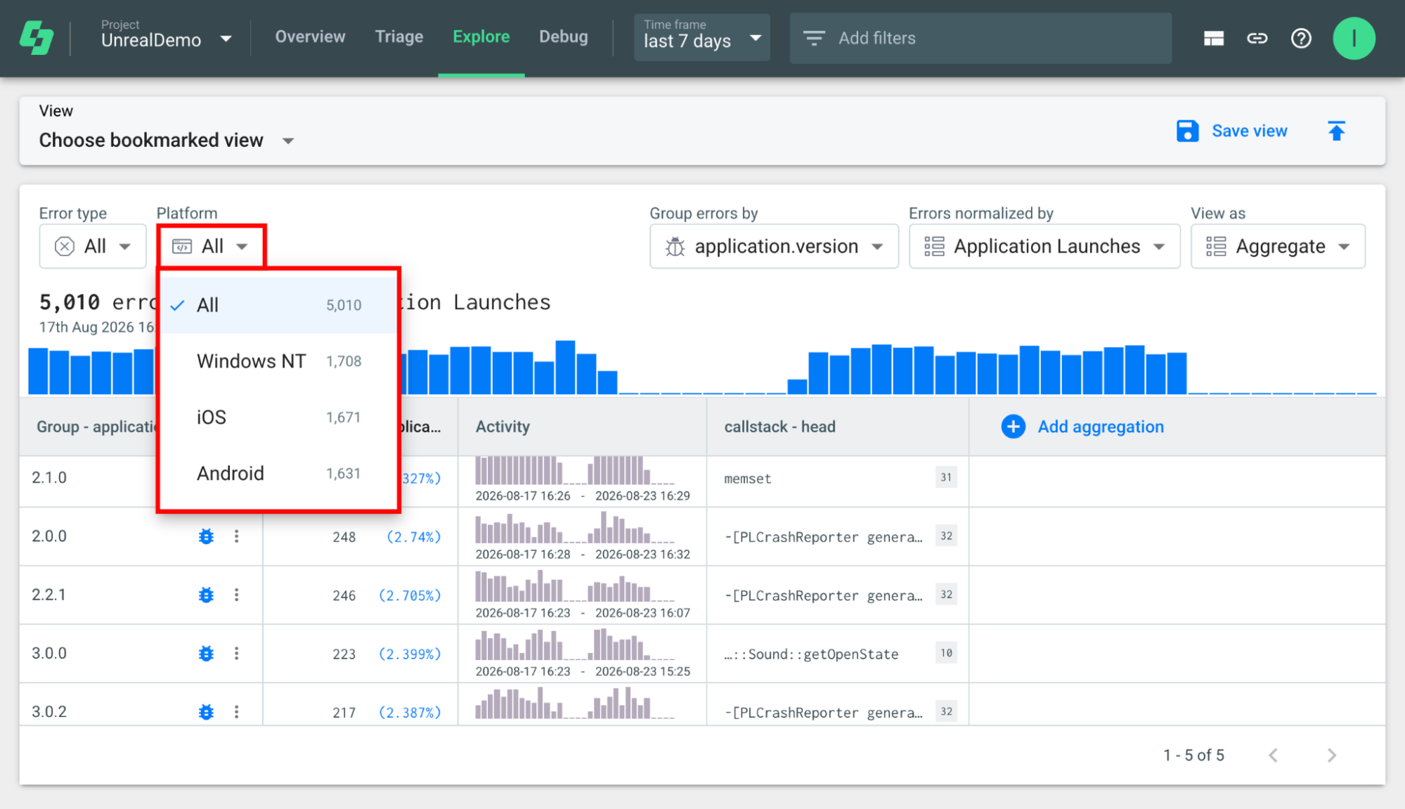 Shows the Explore view used to query your crash and error data.