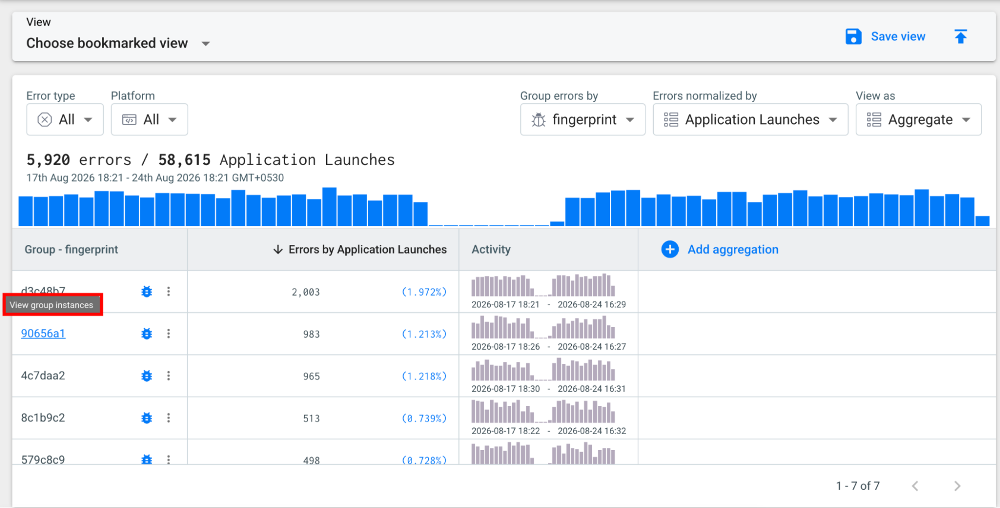 Shows the Explore view used to query your crash and error data.