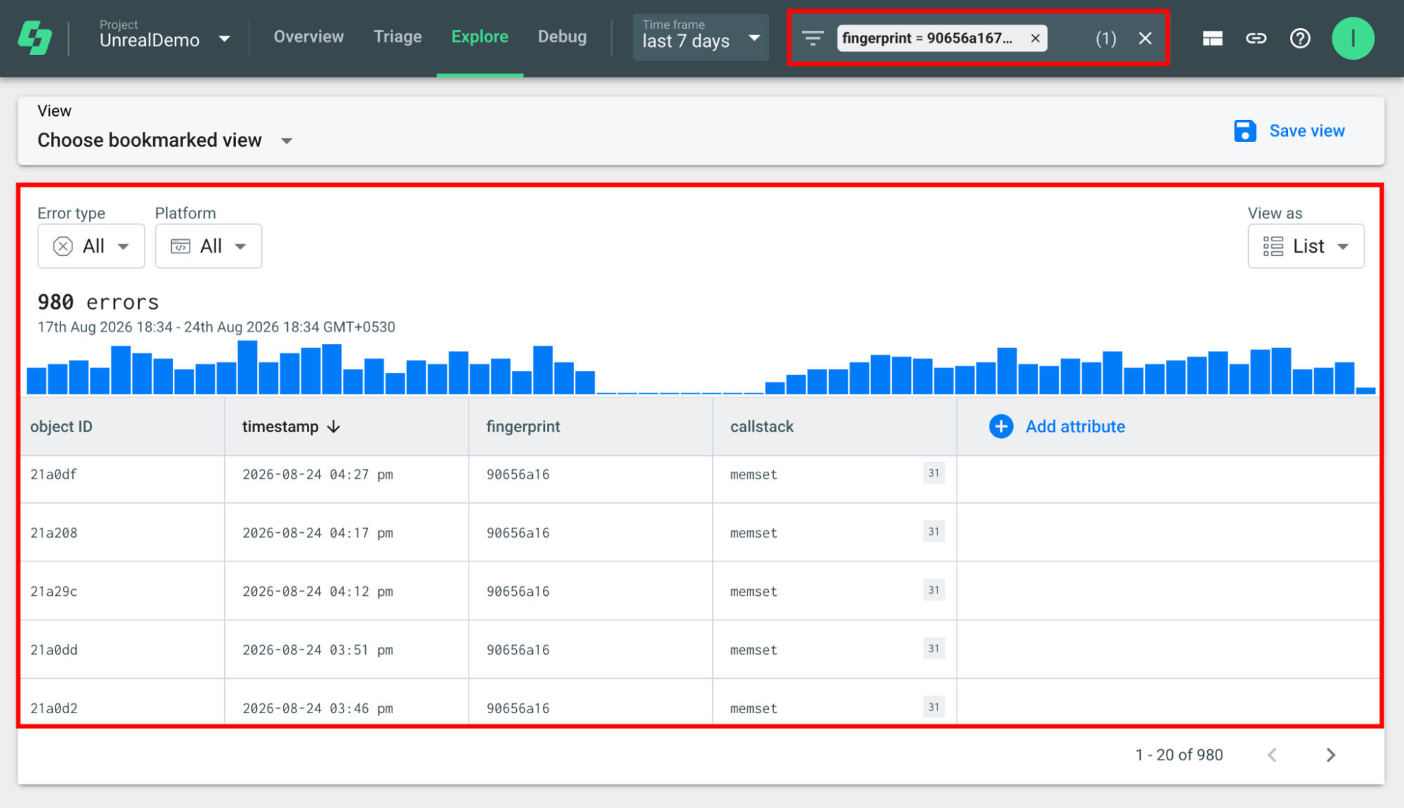 Shows the Explore view used to query your crash and error data.