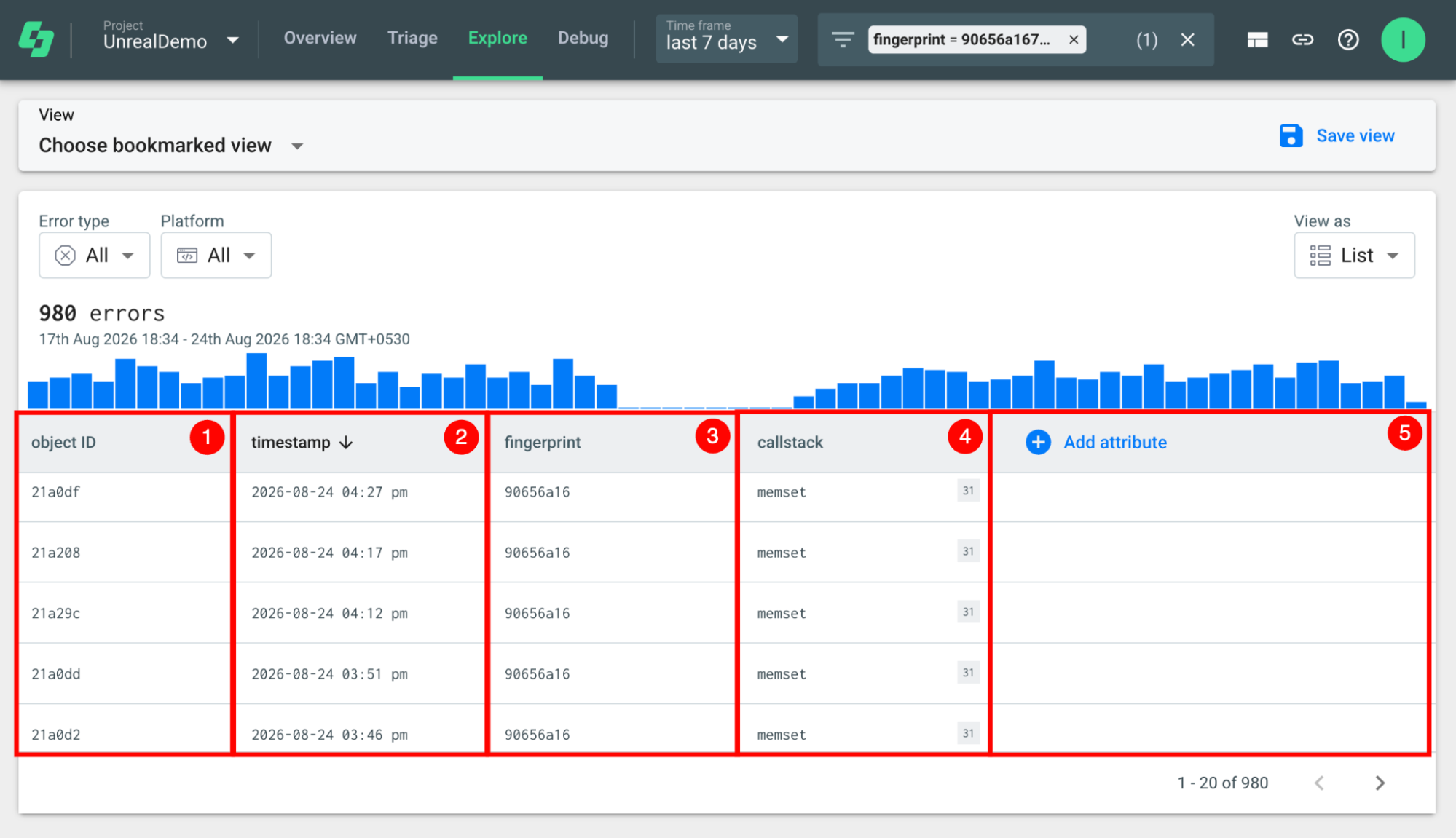 Shows the Explore view used to query your crash and error data.
