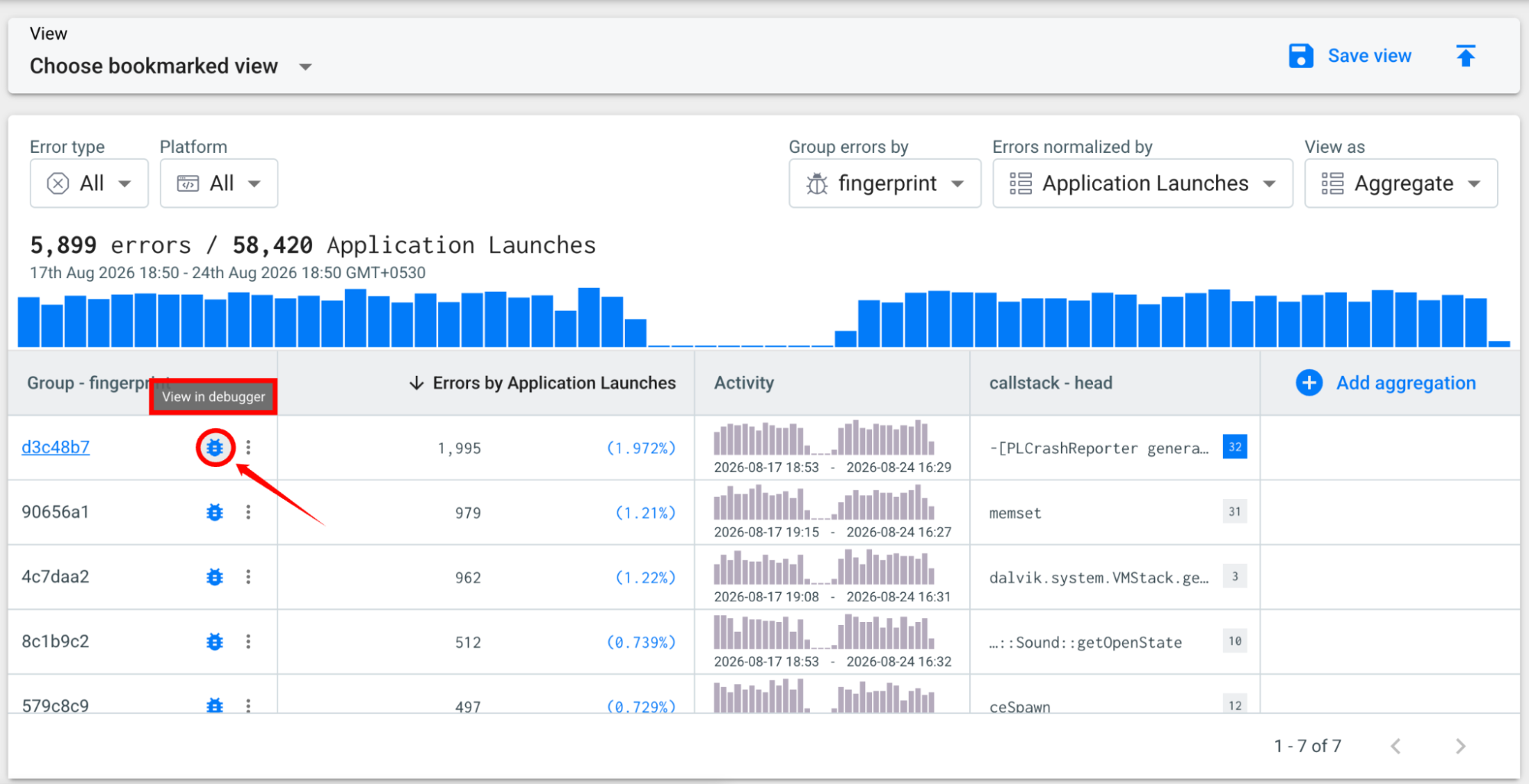 Shows the Explore view used to query your crash and error data.