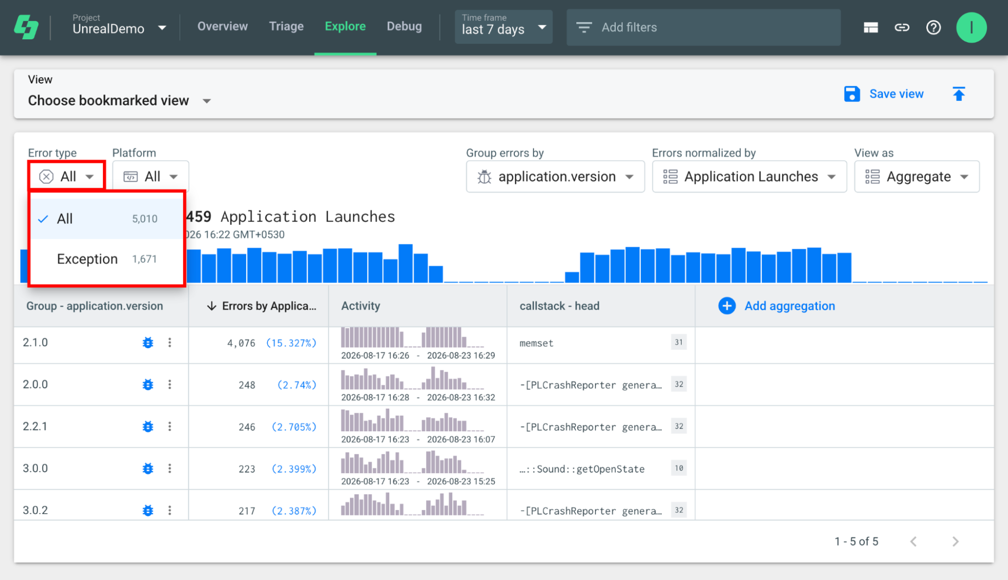 Shows the Explore view used to query your crash and error data.
