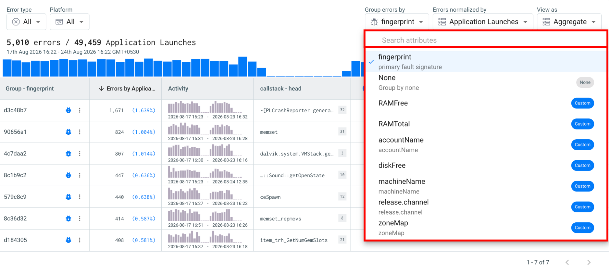Shows the Explore view used to query your crash and error data.
