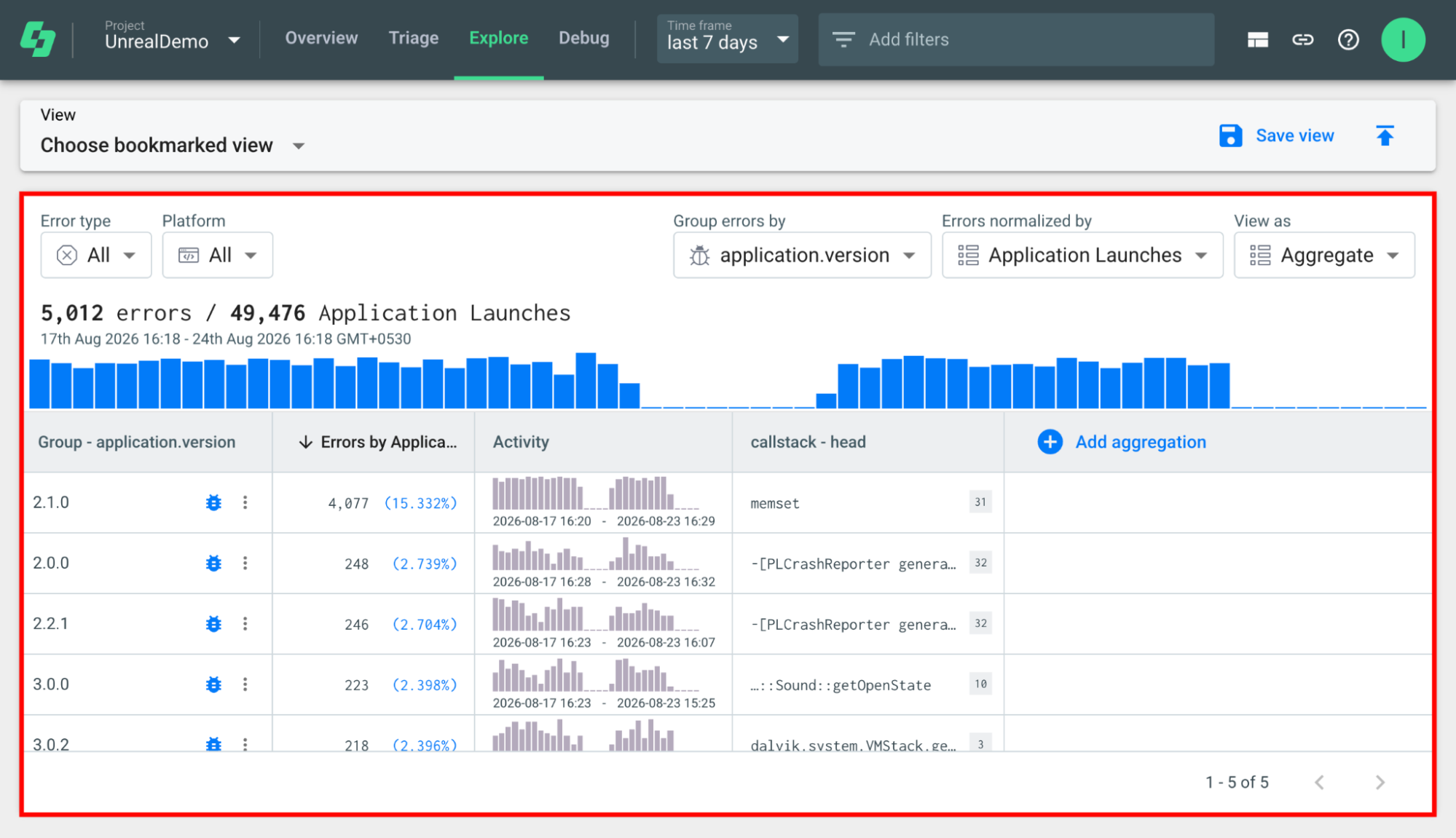 Shows the Explore view used to query your crash and error data.