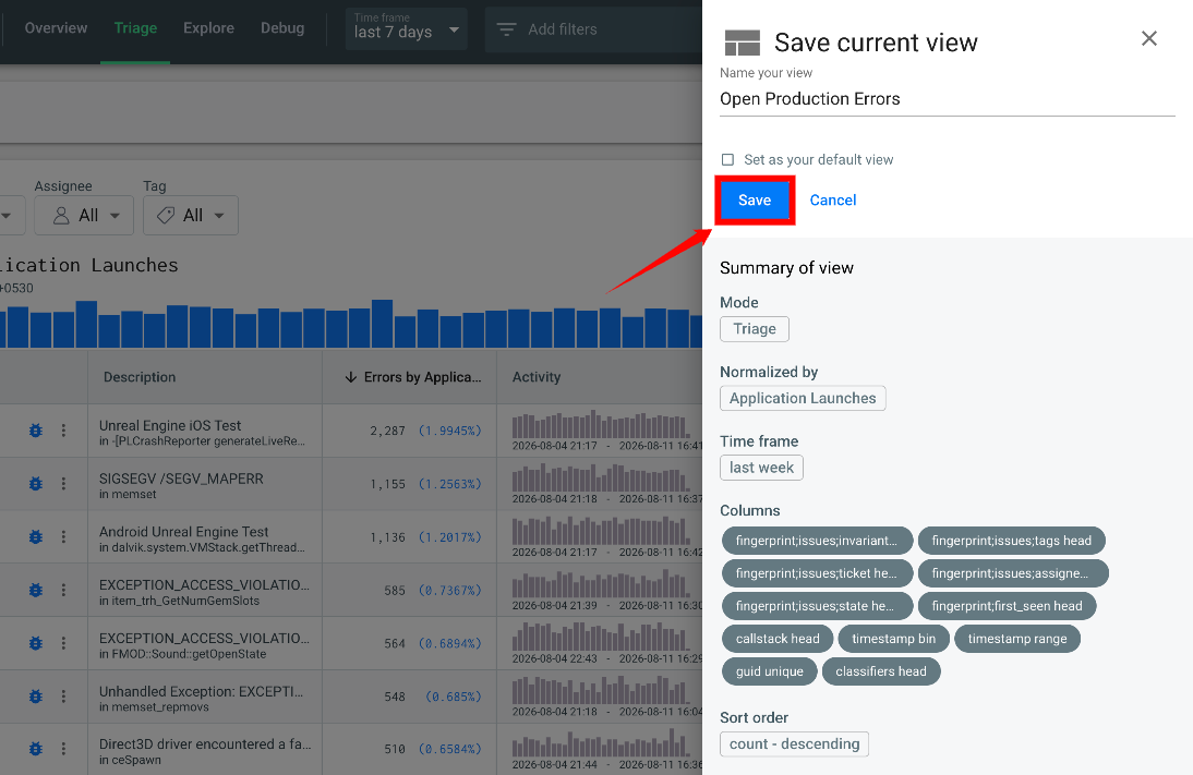 Saved view in the list of Triage views